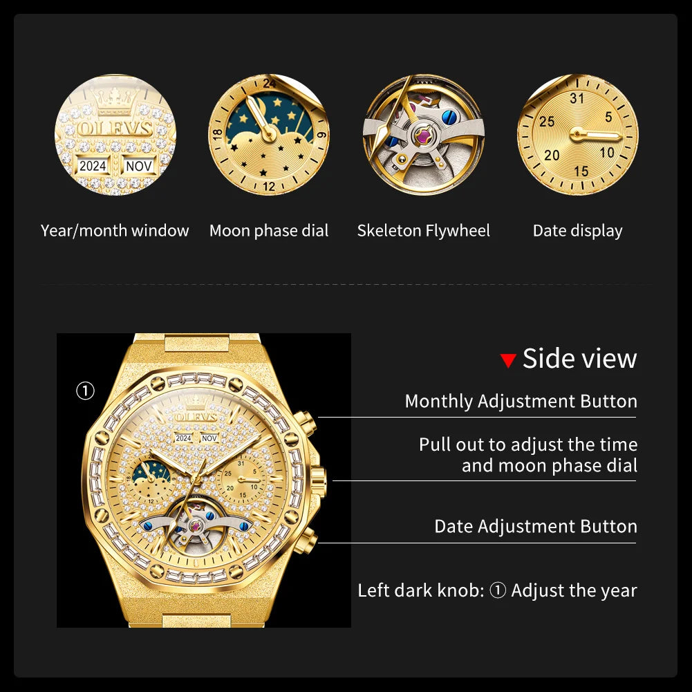 OLEVS Gold Steel Mens Watches Top Brand Automatic Mechanical Luxury Watch