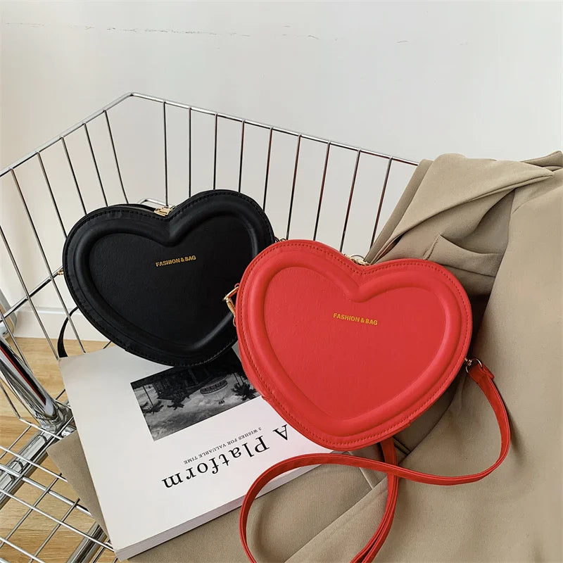 Solid Color Pu Leather Shoulder Bags Heart Shape Crossbody